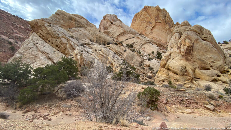 Rounded cream and tan cliffs rise behind a gravel wash, junipers and leafless shrubs.