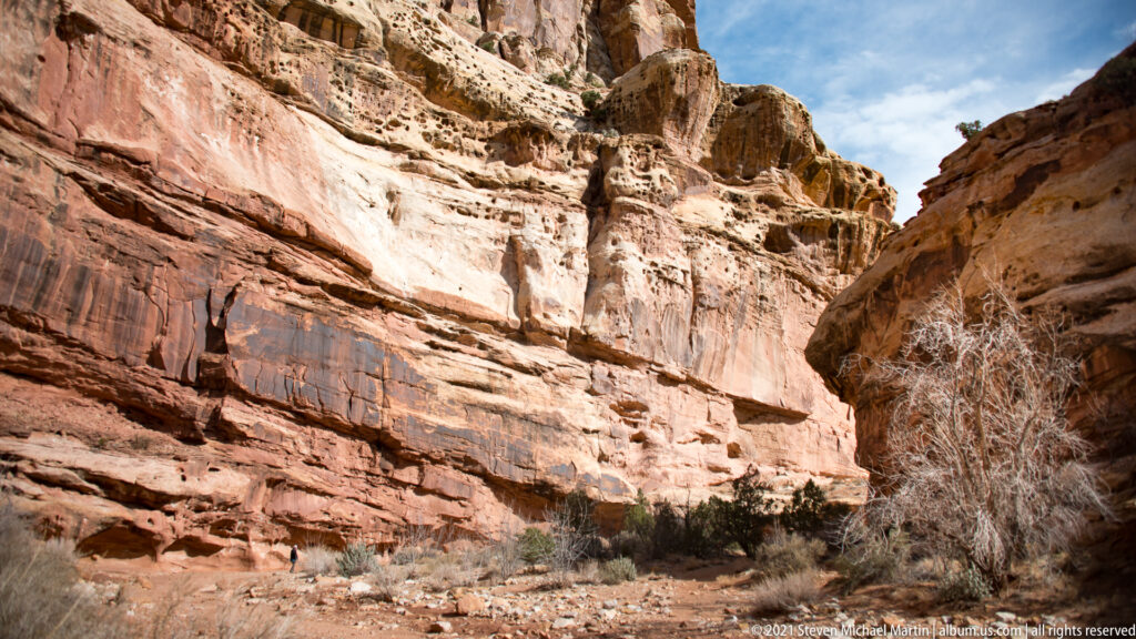 Pale rock towers rise above a canyon floor, with red walls and a small person below.