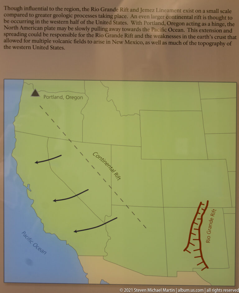 A green map diagram labels the Continental Rift and Rio Grande Rift, with arrows showing crustal movement.