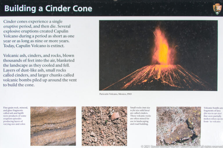 A Cinder Cone exhibit pairs an eruption illustration with photographs of volcanic rock textures and explanatory text.