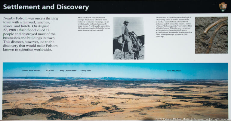 A wide history panel combines text, archival photographs, an archaeological image, and a labeled landscape panorama.