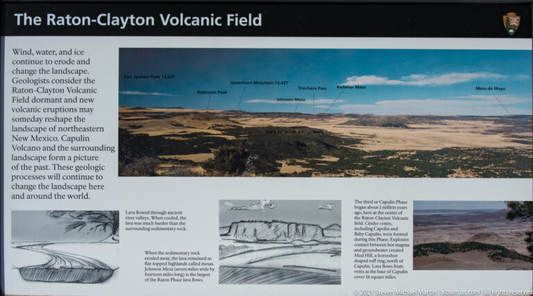 A geological display pairs a labeled mountain panorama with diagrams of lava flows and explanatory text.