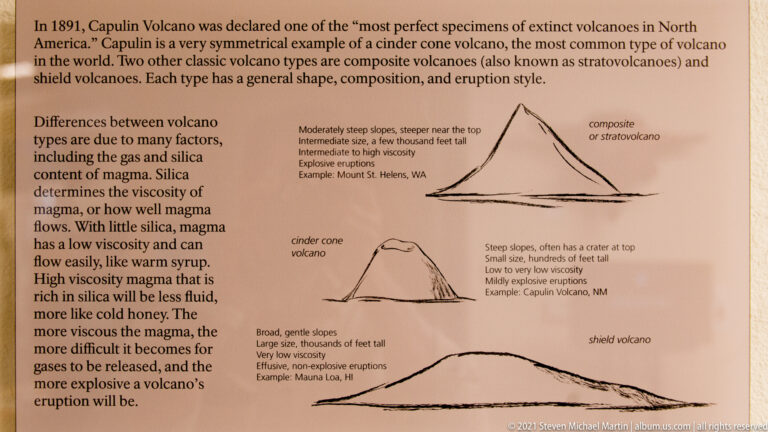 A tan educational panel diagrams composite, cinder cone, and shield volcano profiles with explanatory text.