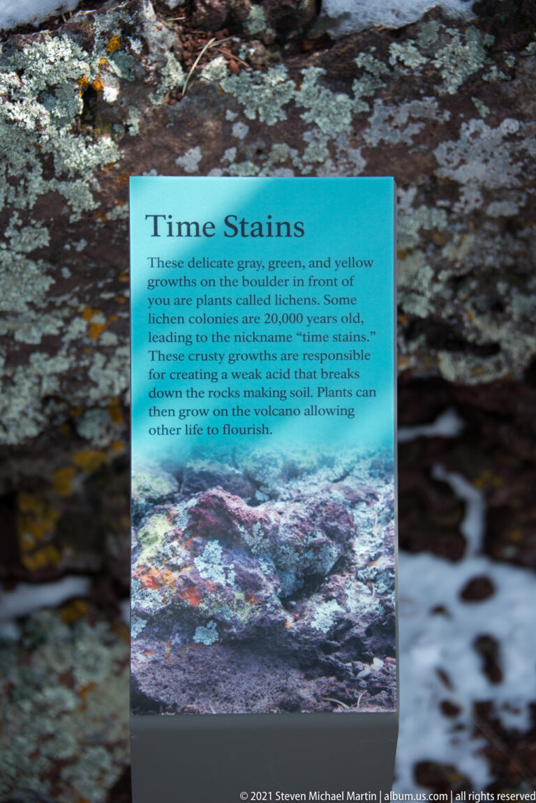 A blue “Time Stains” panel explains lichen growth and soil formation, with a lichen-covered boulder behind it.