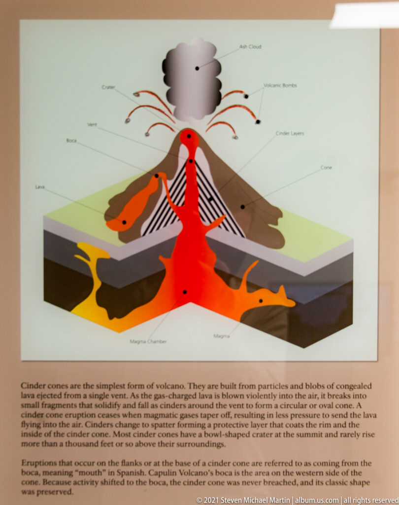 A colorful cutaway volcano model shows a central red conduit, layered deposits, branching magma, and an ash plume.