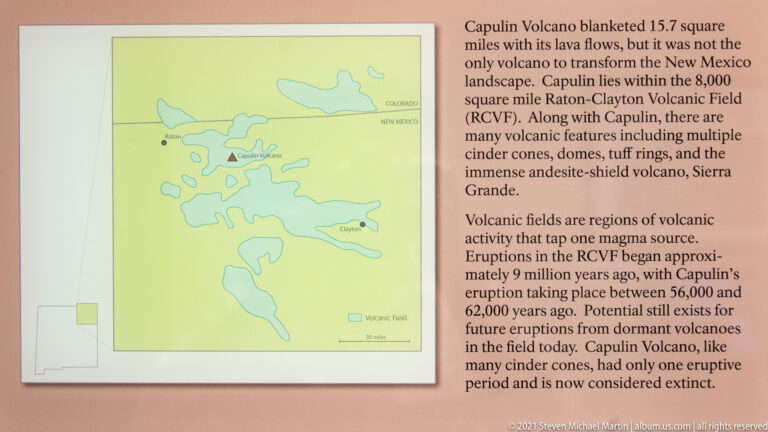 An exhibit map marks volcanic features across northeastern New Mexico and locates Capulin Volcano within the region.