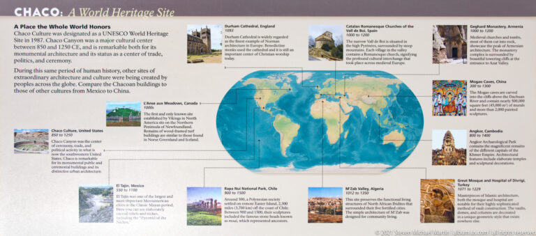 A world map is surrounded by photographs and text comparing Chaco with cultural heritage sites worldwide.