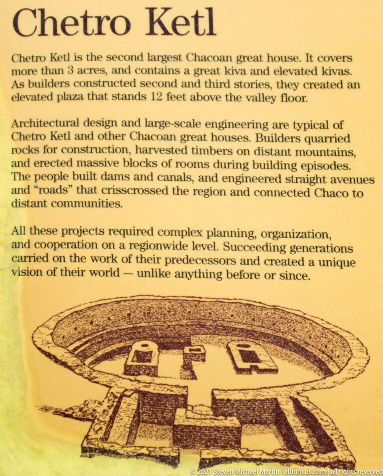 A brown architectural drawing shows a circular enclosure, interior structures, and surrounding text about Chetro Ketl.