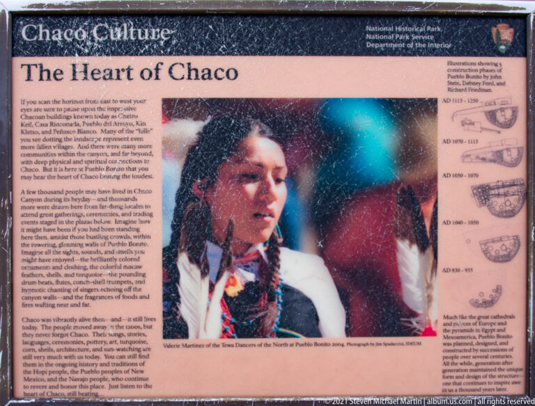 A “Chaco” exhibit panel shows a Tewa dancer photograph beside text and a timeline of building plans.