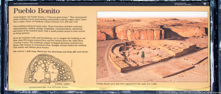 An interpretive panel pairs a Pueblo Bonito reconstruction with a room-plan diagram and explanatory text.