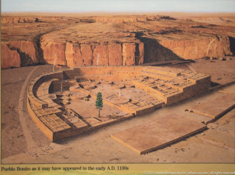 A reconstruction shows Pueblo Bonito as an arc-shaped complex with a central courtyard beneath a canyon wall.