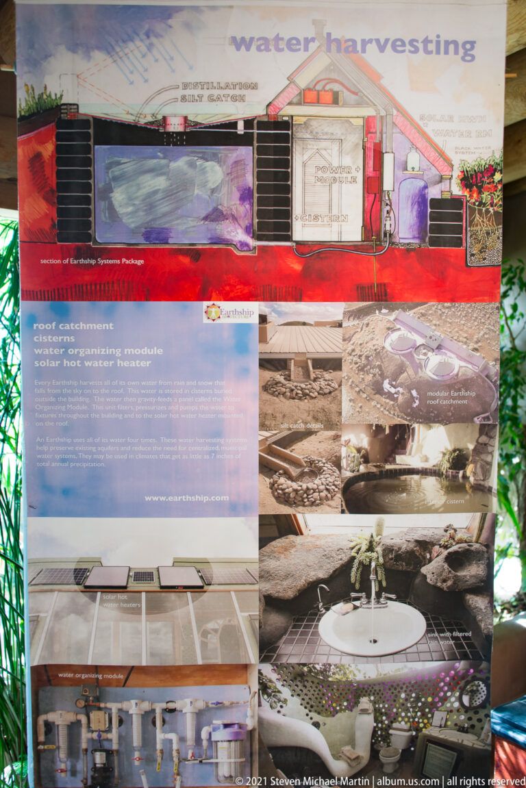 A Water Harvesting panel shows a house diagram with arrows, storage components, and equipment photographs.