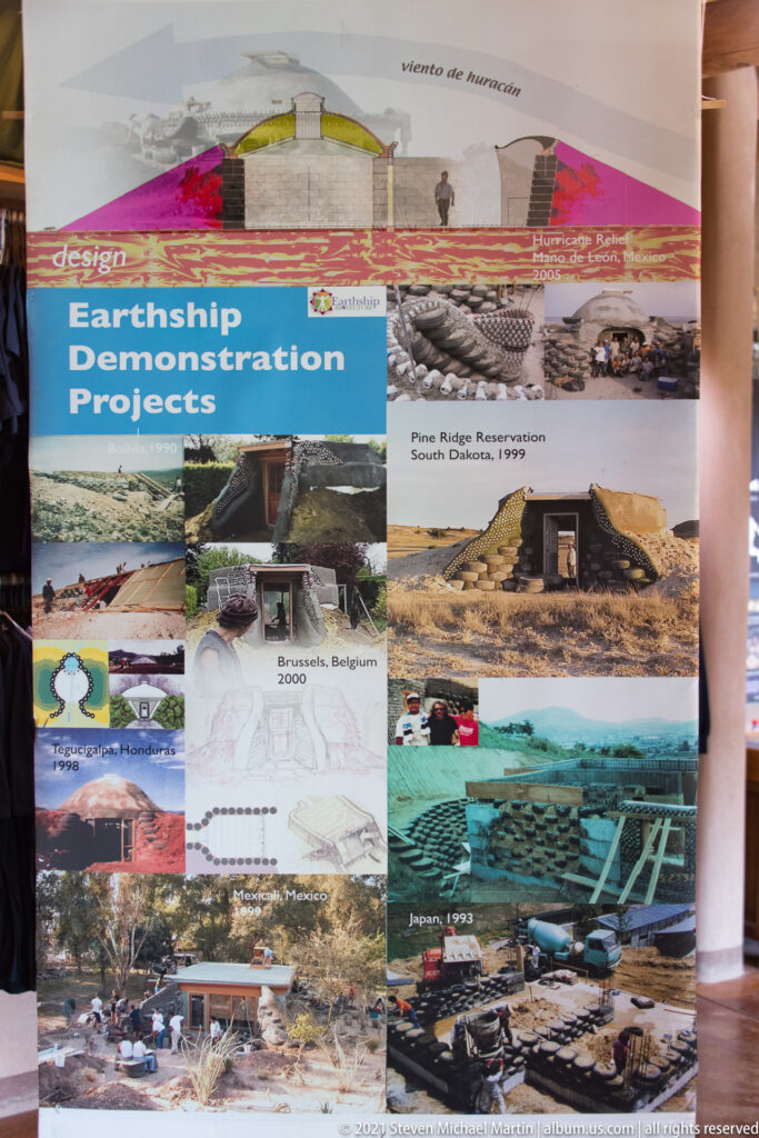 An Earthship Demonstration Projects panel displays building photographs with place and year labels.