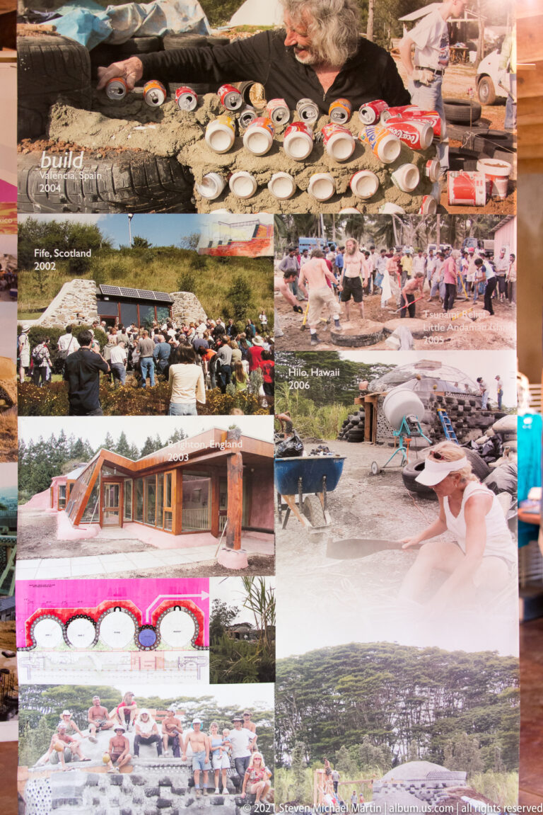 A photo board shows construction gatherings, groups, a residence, and community activities with place and year labels.