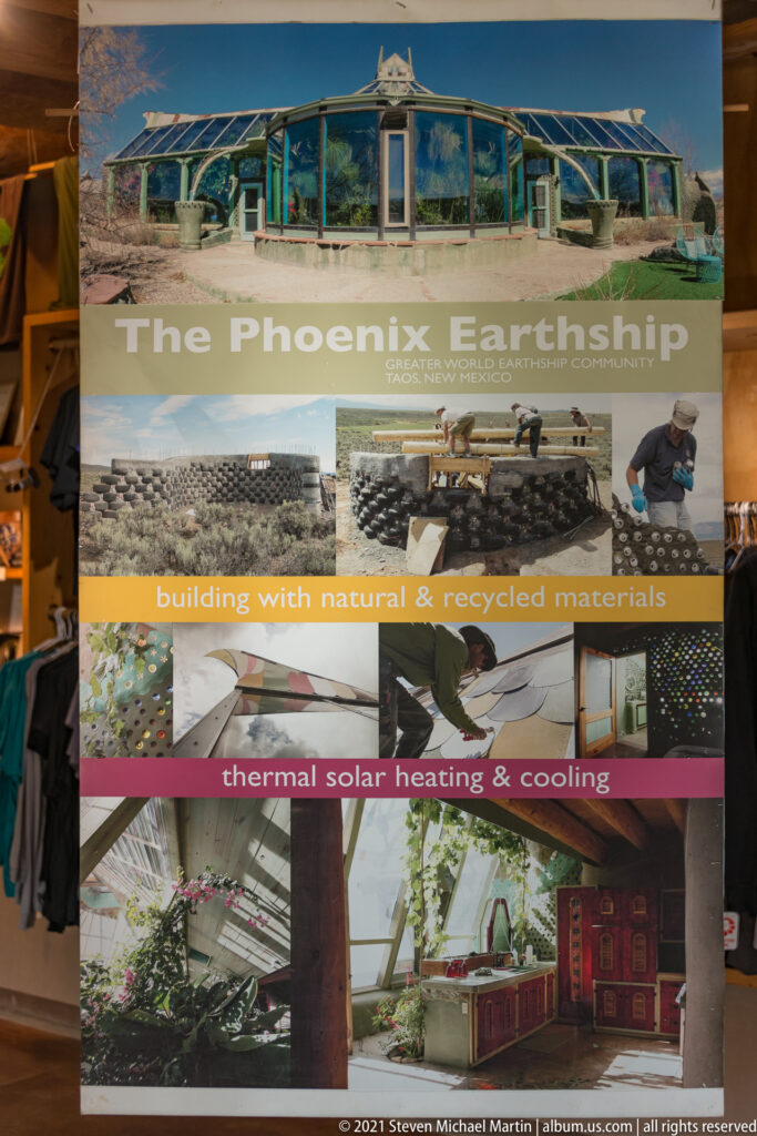 A Phoenix Earthship panel combines building photos and interior views beneath headings on materials and solar heating.