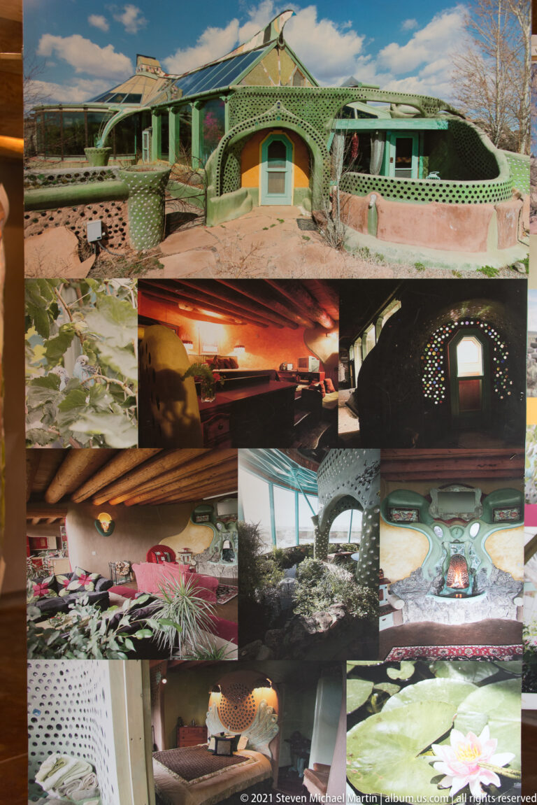 A collage centers on a green curved-front home, surrounded by photographs of rooms, windows, and indoor plants.