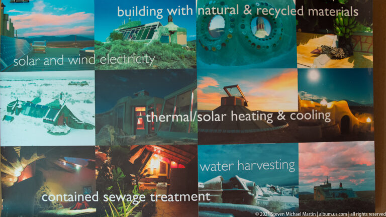 A collage labels natural materials, solar and wind power, heating and cooling, water harvesting, and sewage treatment.