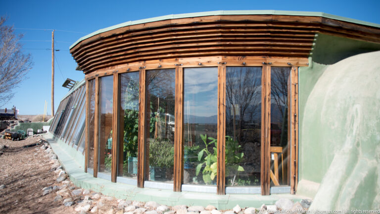 Tall wood-framed windows curve beneath a layered timber eave, with plants visible inside the sunlit room.