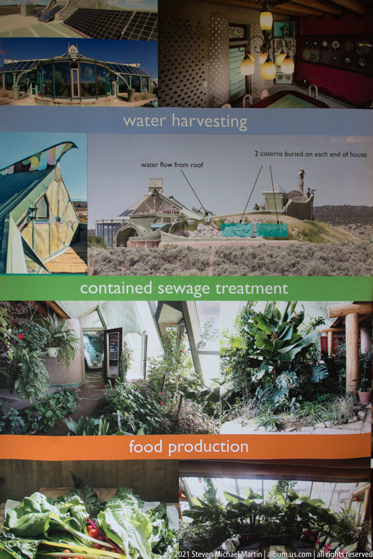 An exhibit panel combines diagrams and photos under headings for water harvesting, sewage treatment, and food production.