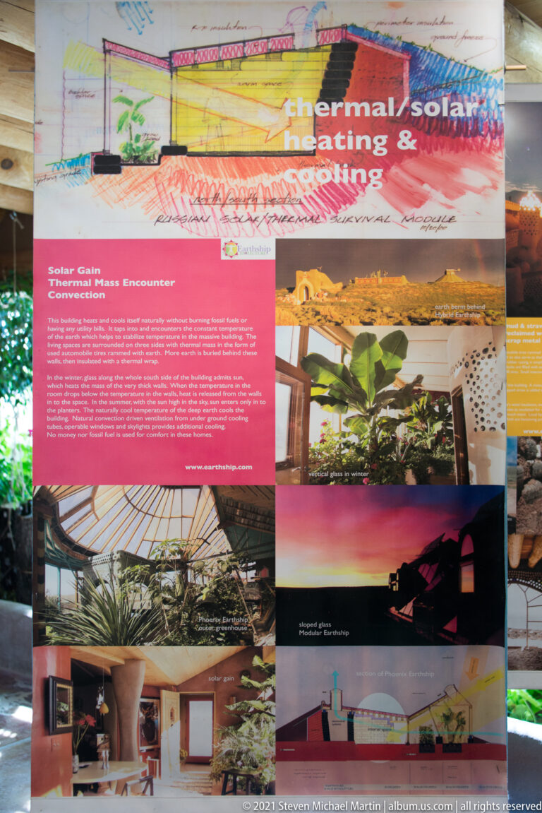 A thermal solar heating and cooling collage shows glazed rooms, planted interiors, and an earth-toned home.