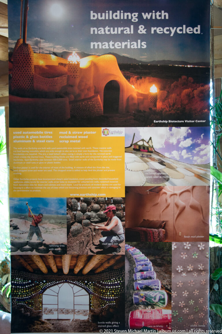 A materials panel pairs an earthen interior with construction photos and details of tires and bottles.