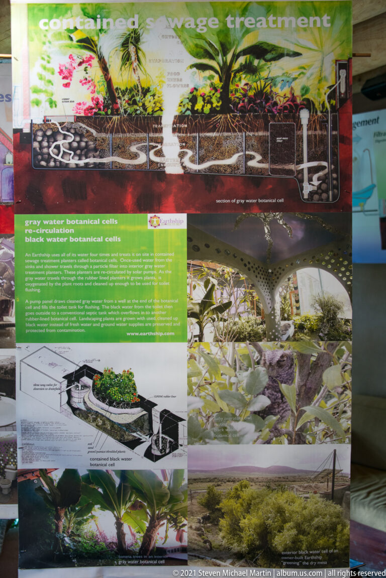 A sewage-treatment exhibit combines a process diagram, an architectural plan, text, and photos of planted interiors.
