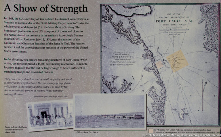 A panel titled “Fort Union’s Strength” combines a historic map, archival photographs, and text about the fort.