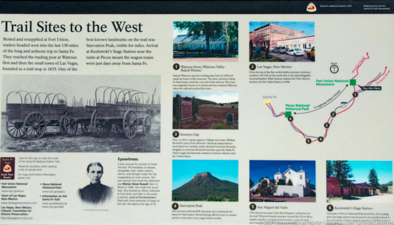 A Santa Fe Trail panel titled “West” shows a route map, historic photographs, and numbered stops.