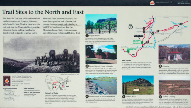 A “North and East” Santa Fe Trail panel shows colored routes, historic scenes, and labeled stops.