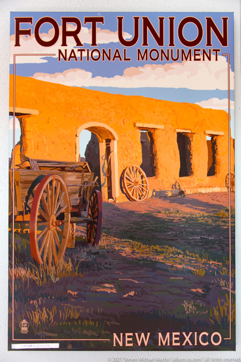 A colorful poster shows a cannon before adobe ruins, with “Fort Union National Monument” and “New Mexico” lettering.