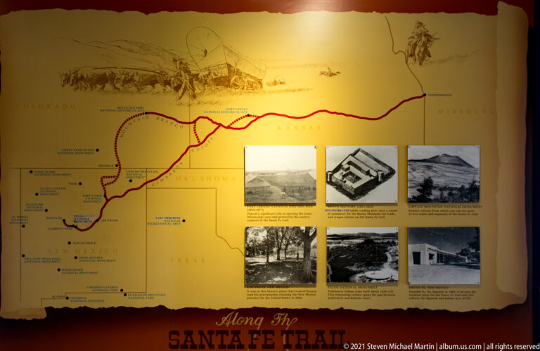 A sepia panel shows a branching Santa Fe Trail map surrounded by historic photographs and illustrations.