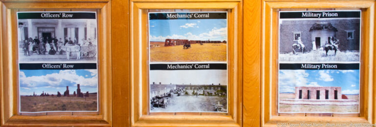 Framed interpretive panel groups archival photographs labeled Officer’s Row, Mechanic’s Corral, and Military Prison.