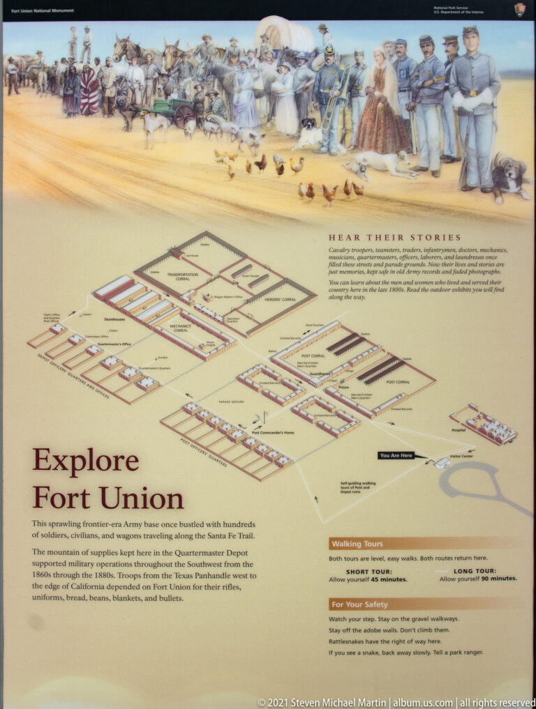 Interpretive map titled “Explore Fort Union” includes a site plan, text blocks, and illustrated soldiers.