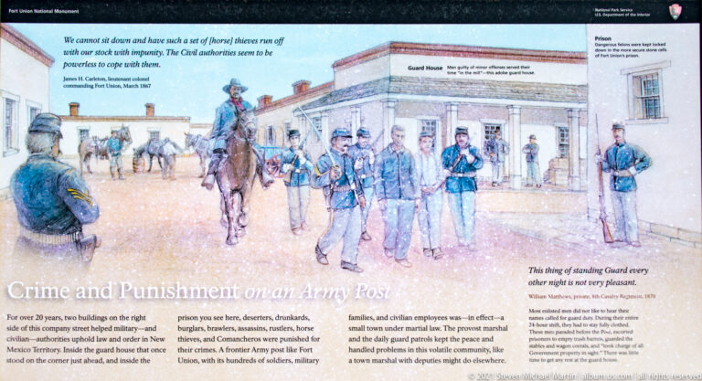 Interpretive panel titled “Crime and Punishment on an Army Post” pairs an illustration with explanatory text.