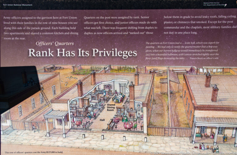Panel titled “Rank Has Its Privileges” features a cutaway floor plan of officers’ quarters.