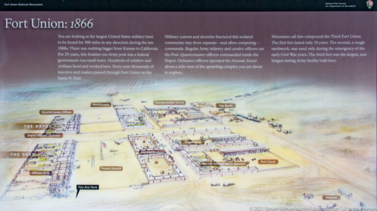Interpretive panel shows a plan of the Fort Union compound beside explanatory text blocks.