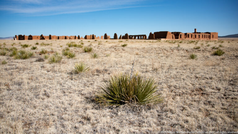 Yucca and grass fill the foreground before distant low adobe ruins across an open plain.