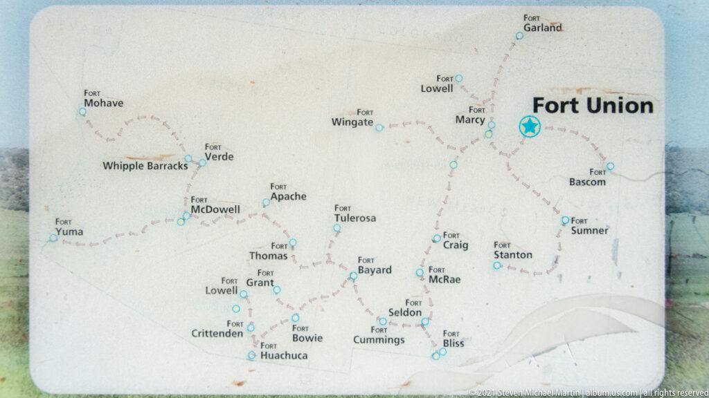Exhibit map marking Fort Union and numerous other forts across the Southwest, connected by dotted routes.
