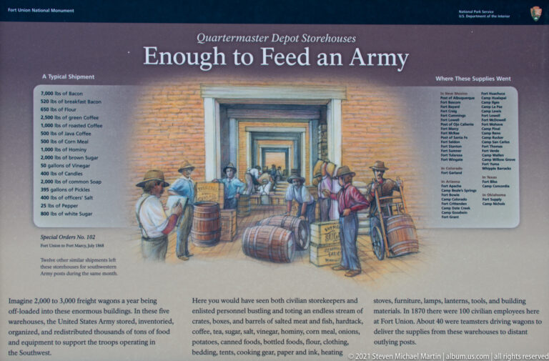 Interpretive illustration of workers handling barrels and provisions inside a brick storehouse, surrounded by explanatory text.