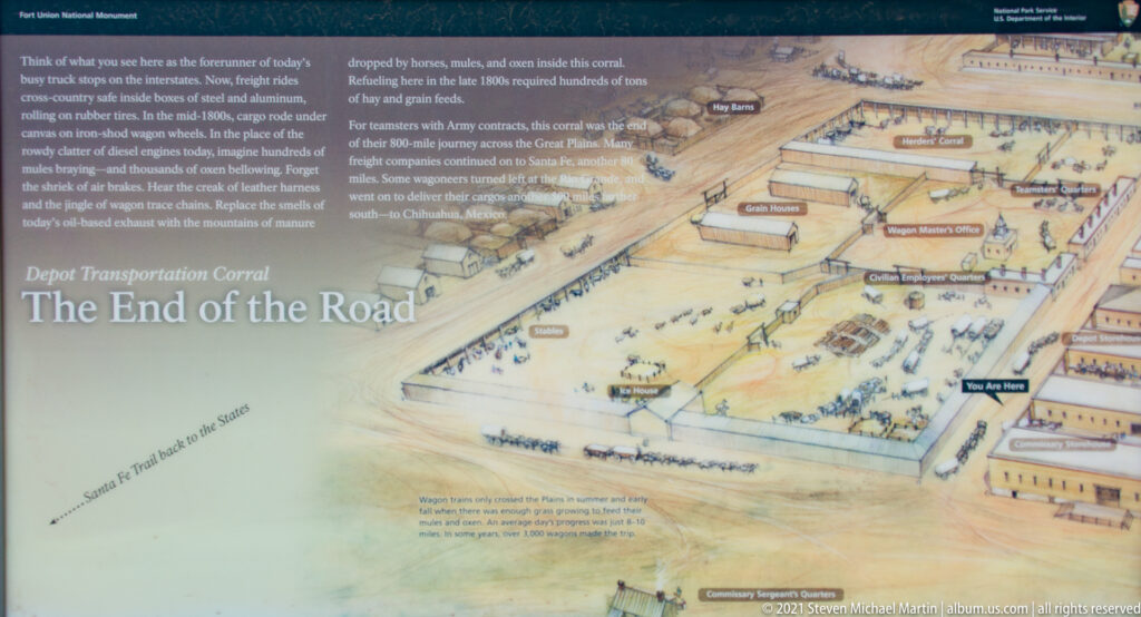 Interpretive diagram of the transportation corral, with wagon routes and labeled service areas in the depot.