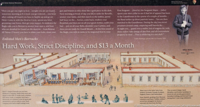 Interpretive panel with a plan of enlisted men’s barracks, courtyard buildings, a uniformed figure, and text.