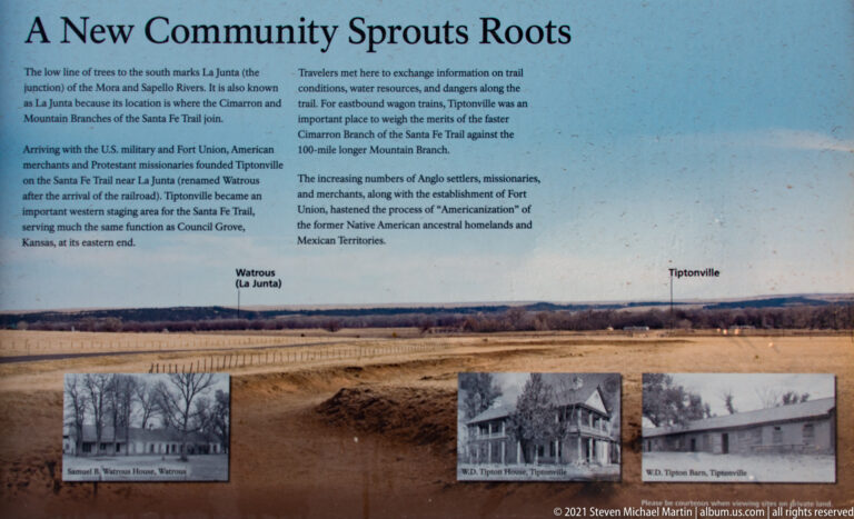 A Santa Fe Trail panel titled “Community Sprouts Roots” combines historical text, prairie, and archival photographs.