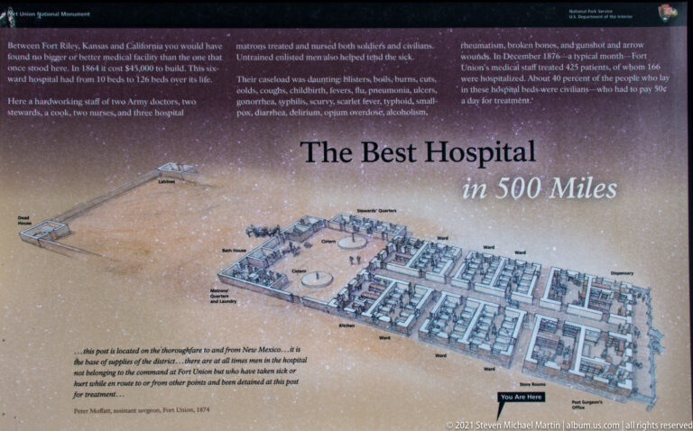 An outdoor panel titled “The Best Hospital in 500 Miles” shows a labeled hospital plan and historical text.