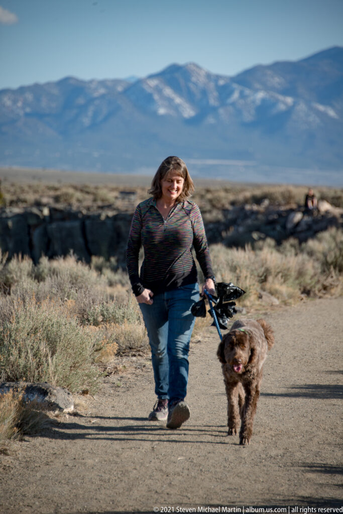 A woman walks a leashed brown dog along a paved path beside a low stone wall.