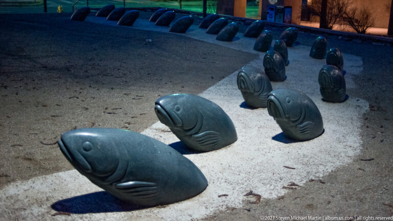 Rounded fish sculptures form a loose arc across a pale plaza surface at dusk.