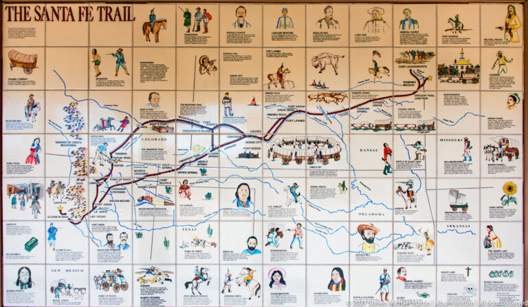 A colorful map combines route lines, place names, portraits, and small historical illustrations.