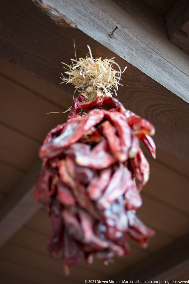 A blurred cluster of dried red chiles hangs by pale stems beneath a dark beam.