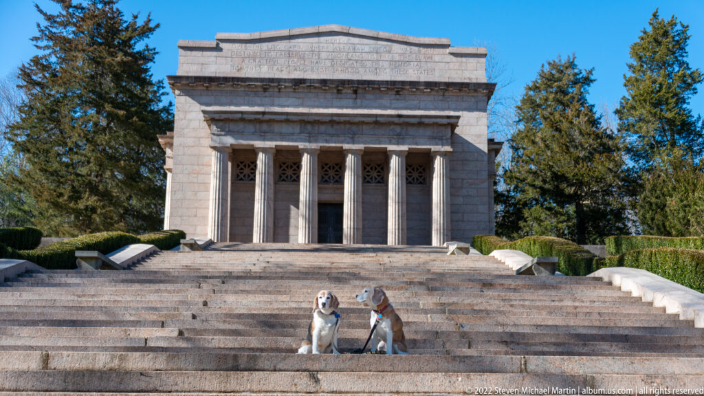 Two dogs sit together on the memorial staircase, with the columned building and hedges behind.