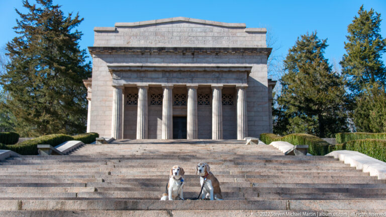 Two leashed dogs sit on broad stone steps below the memorial’s columns and central doorway.