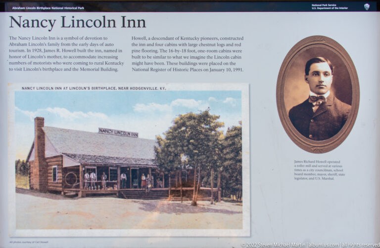 An exhibit titled “Lincoln Inn” pairs a historic building photograph with an oval portrait and explanatory text.